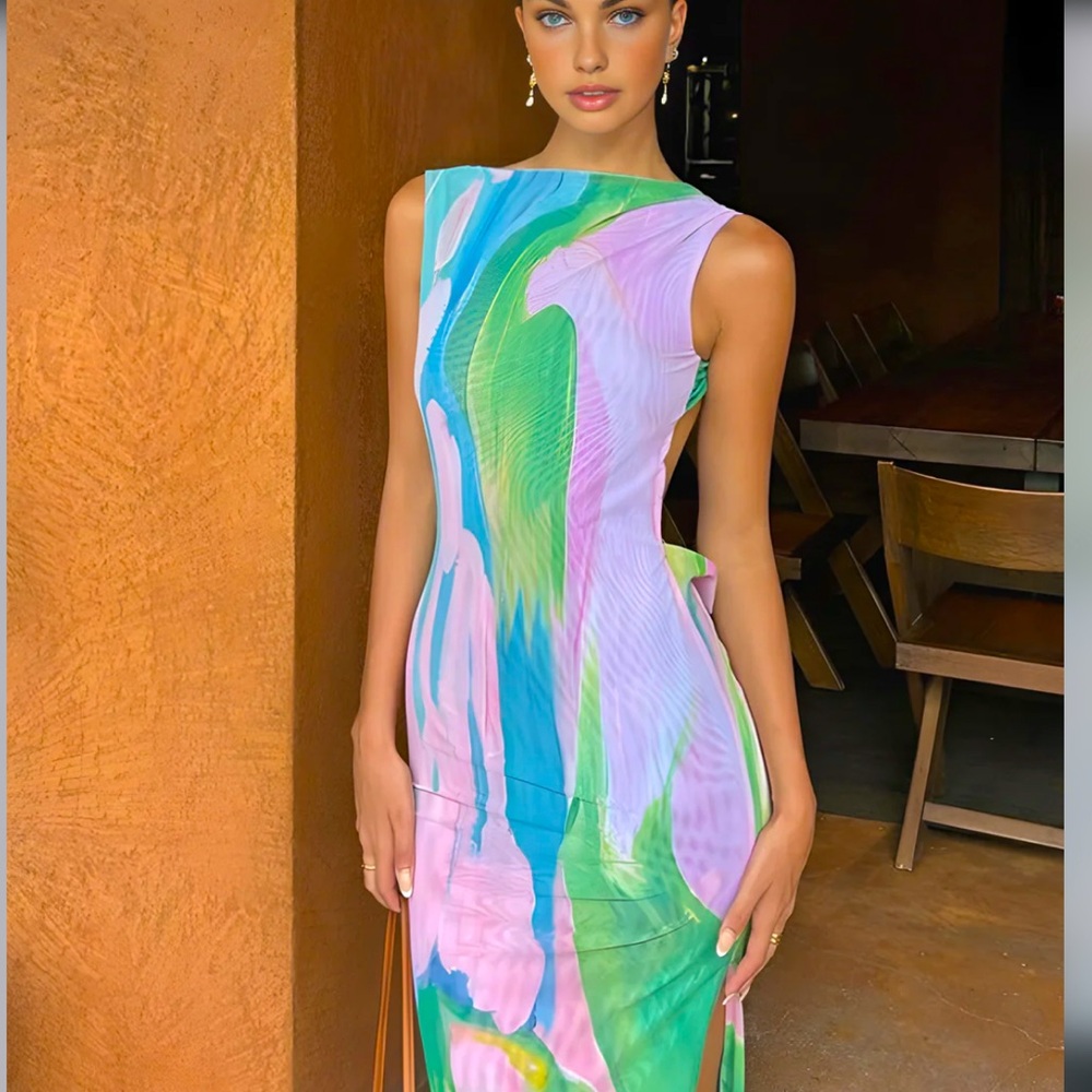 Commense Monet Multicolor Body Con Long Dress size M NWT